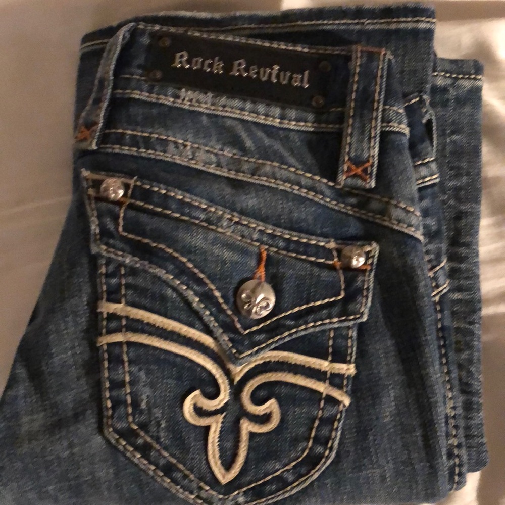SALE Rock Revival heavy denim, distressed boot cut jeans. Low rise.